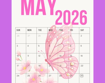 May 2026 Printable Planner Bundle | Butterfly Floral Calendar, To Do List & Notes Pages | Pink Feminine Planner Insert | Instant Download