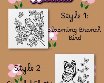 Bloom and Flutter Canvas Duo | Spring Blossom Paint and Sip Template | Bird & Butterfly Outline | Girls Night Paint Party Digital Download