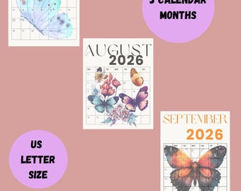2026 Summer Butterfly Printable Calendar Bundle | July August September Monthly Planner | Floral Calendar + Notes Pages Instant Download PDF