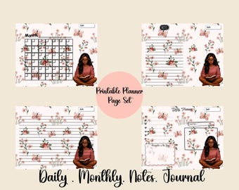 Black Girl Printable Planner Pages | Floral Butterfly Daily Planner | Soft Girl Aesthetic Journal Pages | Monthly Calendar & Notes | Digital