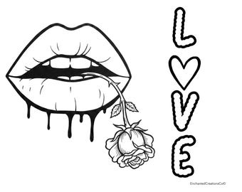 Love Lips Rose Paint Canvas Outline | Digital Download Line Art | DIY Paint Night Template | Romantic Wall Art Printable |