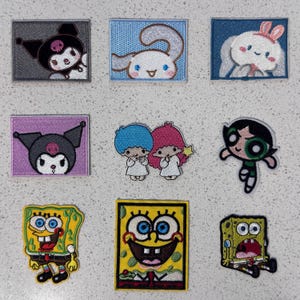May include: A collection of nine embroidered patches featuring various cartoon characters including Kuromi, Cinnamoroll, Little Twin Stars, Buttercup from The Powerpuff Girls, and three different expressions of SpongeBob SquarePants.