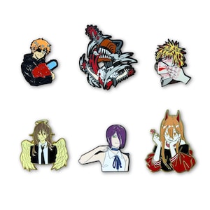 May include: A set of six enamel pins featuring anime-style characters. The collection includes figures with orange, blonde, and purple hair, a character with large wings and a halo, and a central pin depicting a mechanical creature with chainsaws.