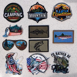Outdoor Adventure Embroidered Patches, Camping Fishing Mountain Iron On Patch, Nature Explorer Sew On Applique for Jacket Backpack Hat