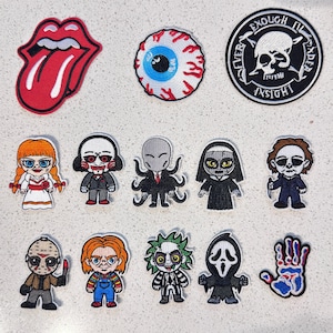 Griezelige horrorfiguren geborduurde patches, enge poppenmasker monster strijkpatch, Halloween opnaai-applicatie voor jas rugzak