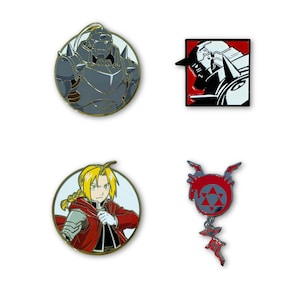 May include: A set of four enamel pins featuring anime-inspired designs: a circular pin with a grey armored figure, a square pin with a black and white profile, a circular pin with a blonde character in a red coat, and a red and grey symbol pin.