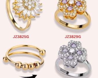 Anxiety Fidget Ring for Women Gold Spinner Ring, Sunflower Bee Moon Star Adjustable Stainless Steel Stress Relief Gift for Her ADHD