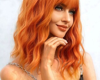 Orange Wig Short Curly Wigs with Bangs Synthetic Heat Resistant Wig for Women,  Woman Wig, Woman Gift, Gift For Woman