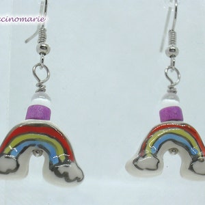Ceramic rainbow bead kawaii earrings, pride earrings, Cute funky lightweight fun earrings for her, Unique jewelry gift for her