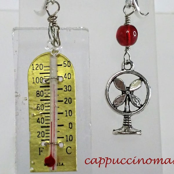 Menopause gag gift dangle earrings - is it hot in here or is it just me? Thermometer and fan earrings - mismatch earrings - hot flashes suck