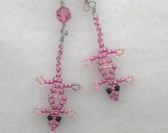 Pink beaded lizard earrings, Swarovski crystals, Cottagecore earrings, aesthetic jewelry - Unusual lizard earrings, Statement earrings,