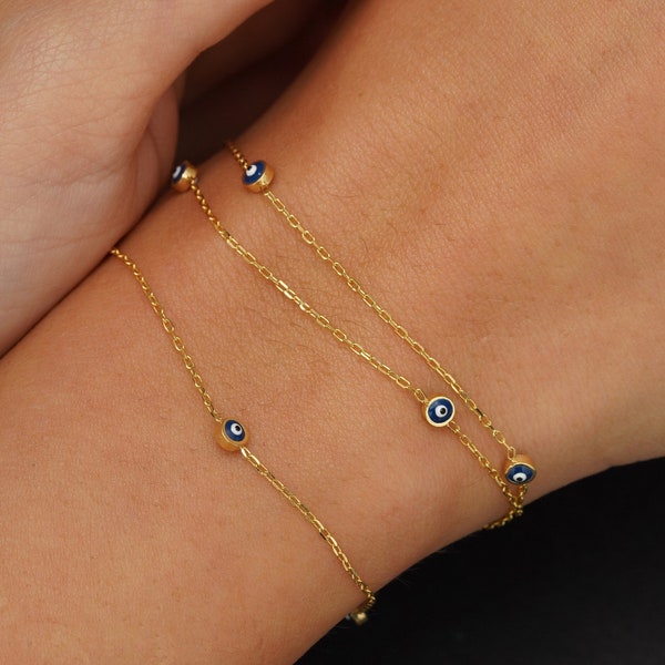 Bracelet mauvais œil en or véritable 14 carats, bracelet de protection contre le mauvais œil turc en émail, bracelet minimaliste mauvais œil, petit œil grec élégant en or