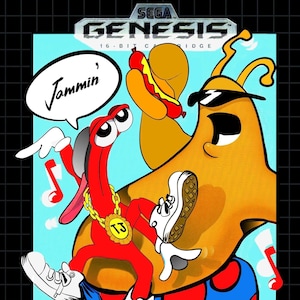 Könnte beinhalten: Eine Sega Genesis-Videospielkassette mit ToeJam & Earl. Das Cover zeigt zwei Comicfiguren, eine rote und eine orange, die Sonnenbrillen und Turnschuhe tragen. Die rote Figur hält ein Mikrofon und die orange Figur hält einen Hotdog. Der Text "Jammin'" befindet sich in einer Sprechblase über der roten Figur. Der Text "ToeJam & Earl" steht in großen, bunten Buchstaben am unteren Rand der Schachtel.