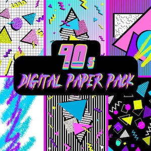 Pode incluir: Um pacote de papel digital com tema dos anos 90. O pacote inclui seis padrões diferentes com formas geométricas, listras e designs abstratos em cores brilhantes como rosa, azul, amarelo e verde.