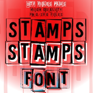 Op de afbeelding: Een grafisch ontwerp-lettertype genaamd "Stamps" met een rood-zwart kleurenschema. Het lettertype wordt weergegeven in een gelaagde, gestapelde en overlappende stijl. De tekst "OTF Files Plus High Quality PNG/SVG Files" is ook zichtbaar in de afbeelding.