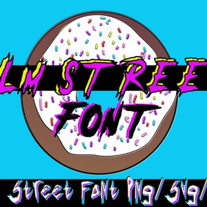 May include: A graphic design font called "Elm Street Font" in a pink, yellow, and purple color scheme. The font is displayed over a white and brown donut with colorful sprinkles.