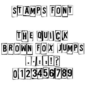 Puede incluir: Una muestra de fuente digital titulada STAMPS FONT con letras mayúsculas negras sin remates, números del 0 al 9 y signos de puntuación. Cada carácter está encerrado en un recuadro blanco individual con borde negro, imitando un sello de goma.