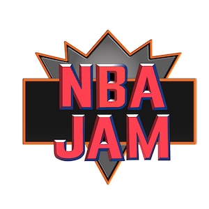 Op de afbeelding: Een rood en blauw 3D-logo met de tekst "NBA JAM" op een zwarte achtergrond met een oranje rand. Het logo wordt omringd door een grijze en oranje ster.