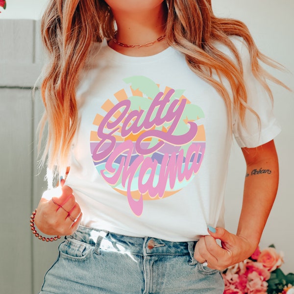 Salty Mama Tshirt, Mom Beach Shirt, Oversized Summer Tee, Retro Clothes, Bright Sunrise Print, Trendy Beach Vacation Clothes, Summer Vacay