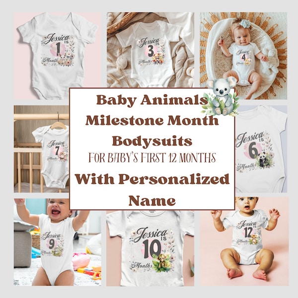 Month Milestone Baby Bodysuit, Personalized Name with Baby Animals, Monthly Photo Outfit, 12 Month Rompers, First Year Monthly Photo Set