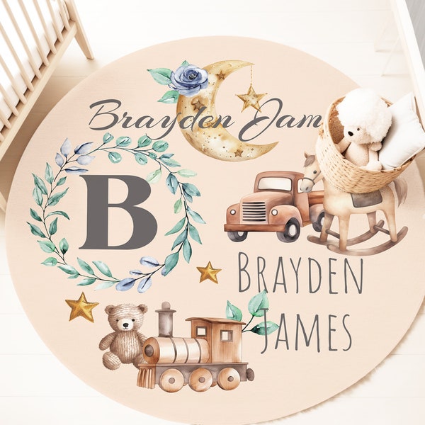 Custom Name Nursery Circle Rug, Train and Truck Playmat, Personalized Name Baby Play Mat, Monogramed Nursery Round Area Rug, Baby Boy Room