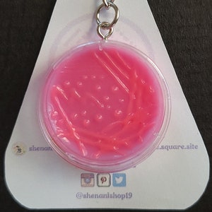 May include: A pink petri dish keychain with a silver keyring. The keychain is attached to a white tag with the text "SHENANI SHOP Microbiology Crafts". Social media icons and the shop's handle are also visible.