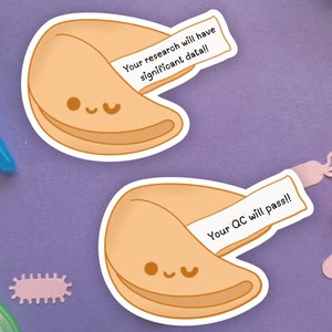 Galleta de la suerte kawaii de ciencia/inmunología, biología, microbiología, calcomanía con juego de palabras de biotecnólogo/estudiante de doctorado, técnico de laboratorio, regalo de científico de laboratorio clínico