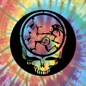 May include: Black and white graphic of a skull with a dancing figure inside a circle. The skull has a tie-dye background.