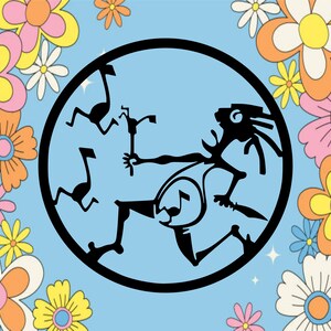 May include: Black and white silhouette of a person playing a musical instrument inside a circle, surrounded by colorful flowers with pink, yellow, and orange petals.