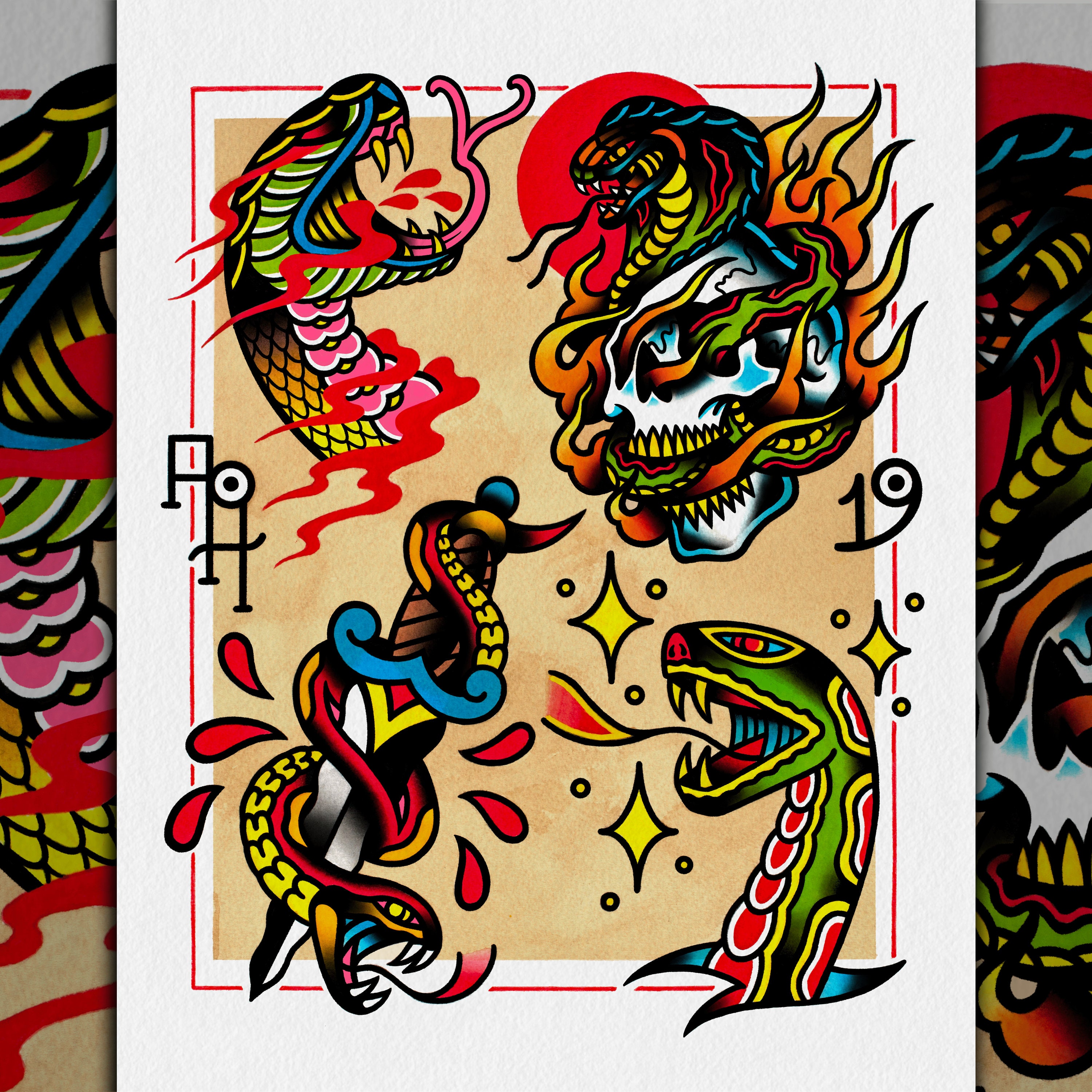 Snakes | Neo-traditional Tattoo Flash Art Print | 11