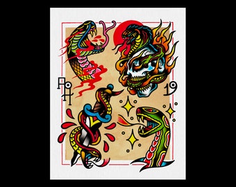 Snakes | Neo-Traditional Tattoo Flash Art Print | 11" x 14"