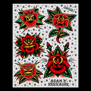 Roses | American Traditional Tattoo Flash Art Print | 11&quot; x 14&quot;