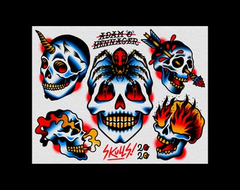 Skulls | Neo-Traditional Tattoo Flash Art Print | 11" x 14"
