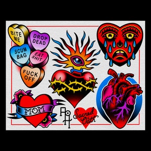 Hearts | Neo-Traditional Tattoo Flash Art Print | 11&quot; x 14&quot;