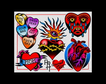 Hearts | Neo-Traditional Tattoo Flash Art Print | 11" x 14"