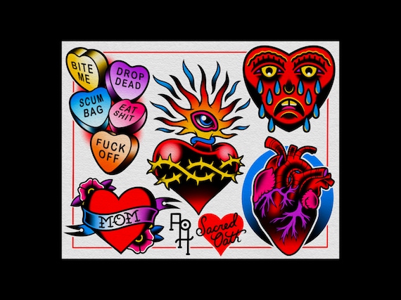 Hearts | Neo-traditional Tattoo Flash Art Print | 11