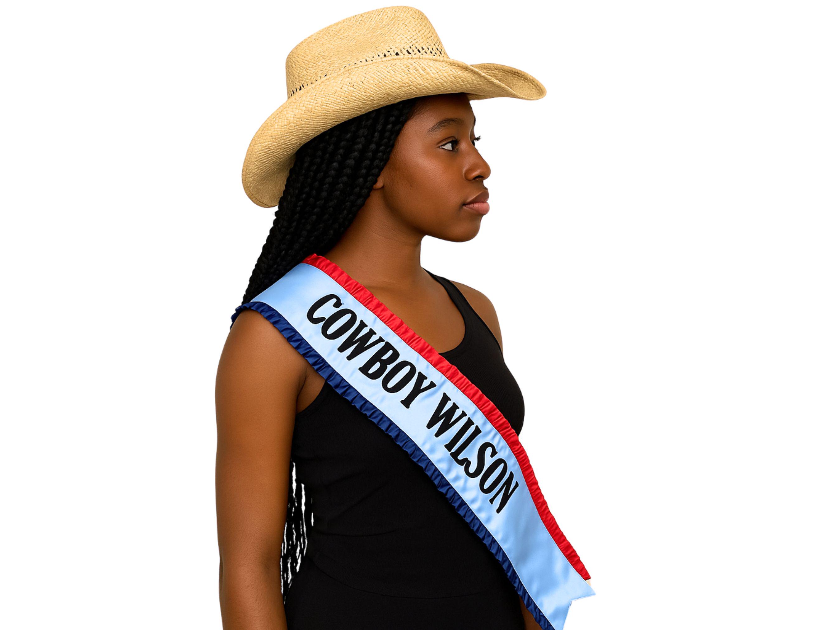 Custom Sash With Red Blue Pleated Trim, Patriotic Pageant 