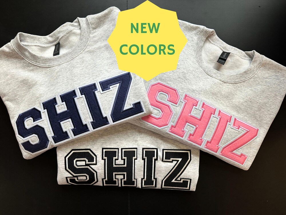 Wicked Shiz Sweatshirt In Varsity Letters Multiple Colors In Pink Letter, Navy Blue Letter Patch, Wicked Fan Gift, Sentimental Men Nanimate