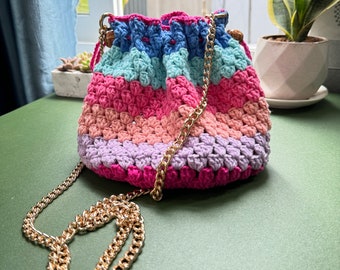 Handmade drawstring crossbody bag , handmade crochet bag