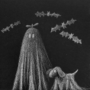 A Boy & His Dog | Matted ORIGINAL Mini Colored Pencil | Black and White Halloween Art