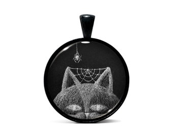 Ghostly Cat + Friend | Art Pendant Necklace or Keychain | Black or Stainless