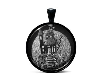 Haunted House No.2 | Art Pendant Necklace or Keychain | Black or Stainless