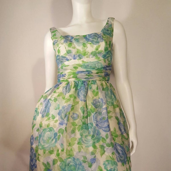 50s Blue Rose Print Cocktail Dress | Chiffon | Layered | Small | 25-26" Waist | Vintage VTG | S