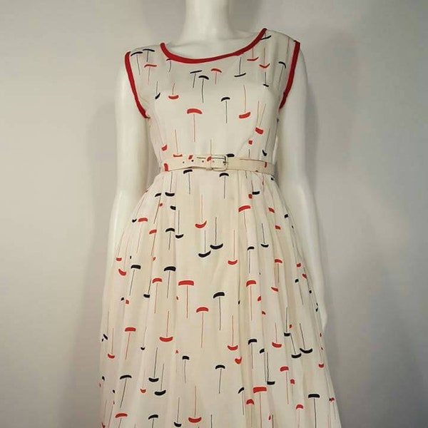 1950s Atomic Print Sun Dress | Large XLarge | 31-32" Waist | Novelty Print | Fit and Flare | Cotton Linen | Vintage VTG