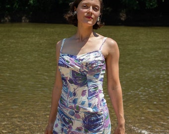 1950s White and Purple One Piece Swimsuit | Bust 36 | Waist 25 | Small | Vintage VTG