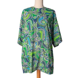 1960s Psychedelic Tunic Top | Green Blue | Bust 44&quot; | Large | Vintage