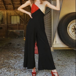 70s Black Colorblock Two Piece Jumpsuit Set | Inseam 26.5&quot; | Modern Size S | VTG Vintage