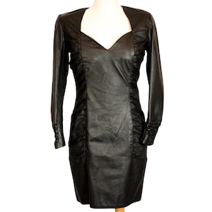knee length dresses for ladies Vintage 90s Black Leather Strapless Dress Bodycon August Silk / S