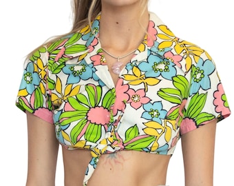 1970er Jahre Bauchfreies Top | Baumwolle | Blumen | Krawatte | Jahrgang