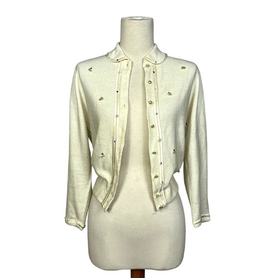 1950s Cream Embellished Cardigan | Button-Up | Bu… - image 1
